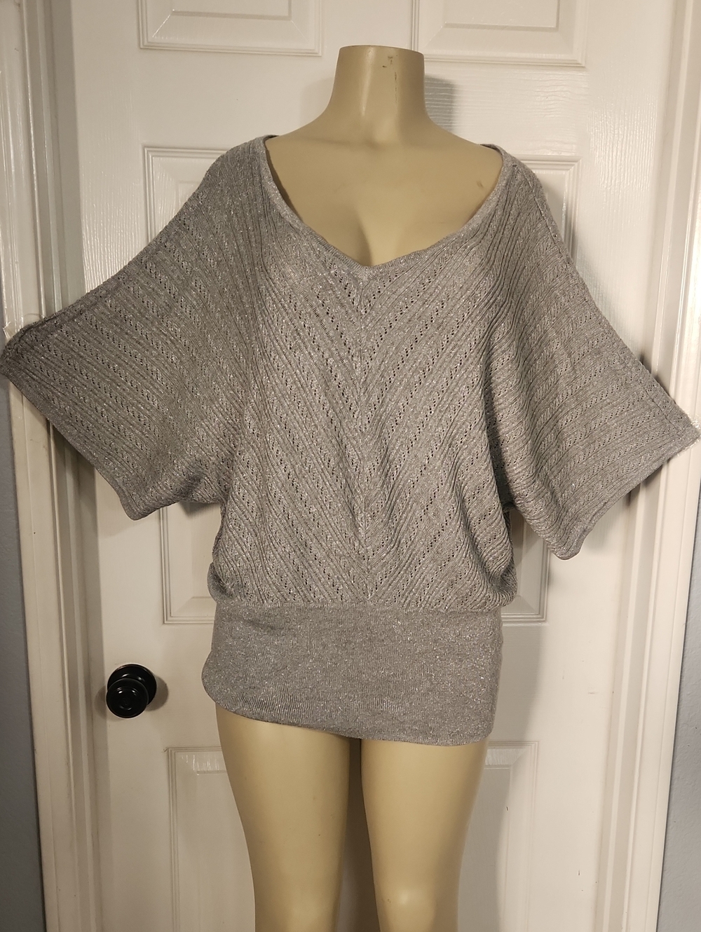 Lane Bryant Silver Metallic Off-the-Shoulder V-Neck Dolman Sweater stretch